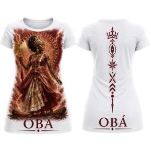 Camiseta feminina Obá Orixá com estampa afro-brasileira na frente e nas costas da Coleção Asé