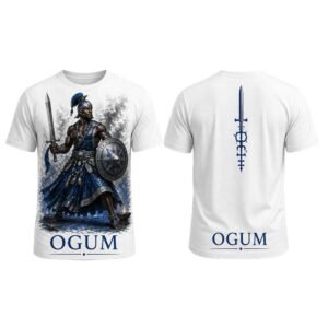 Camiseta masculina Ogum Orixá com estampa afro-brasileira na frente e nas costas da Coleção Asé