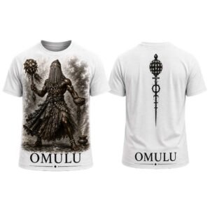 Camiseta masculina Omulú da Coleção Asé com estampa afro-brasileira na frente e nas costas