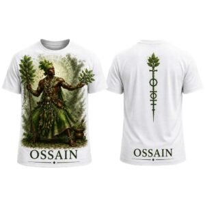 Camiseta masculina Ossain da Coleção Asé com estampa afro-brasileira na frente e nas costas