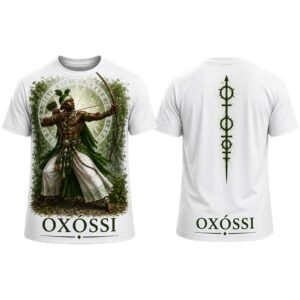 Camiseta masculina Oxóssi da Coleção Asé com estampa afro-brasileira na frente e nas costas