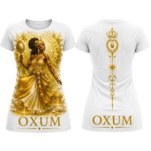 Camiseta masculina Oxum da Coleção Asé com estampa afro-brasileira na frente e nas costas