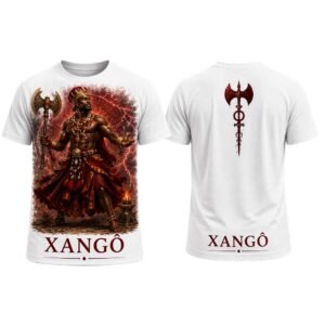 Camiseta masculina Xangô da Coleção Asé com estampa afro-brasileira na frente e nas costas